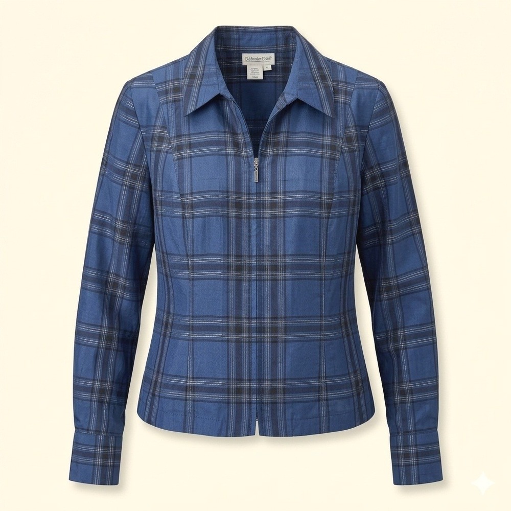 Coldwater Creek Y2K Womens Silk Blend Blue Silver Plaid Full Zip Jacket L